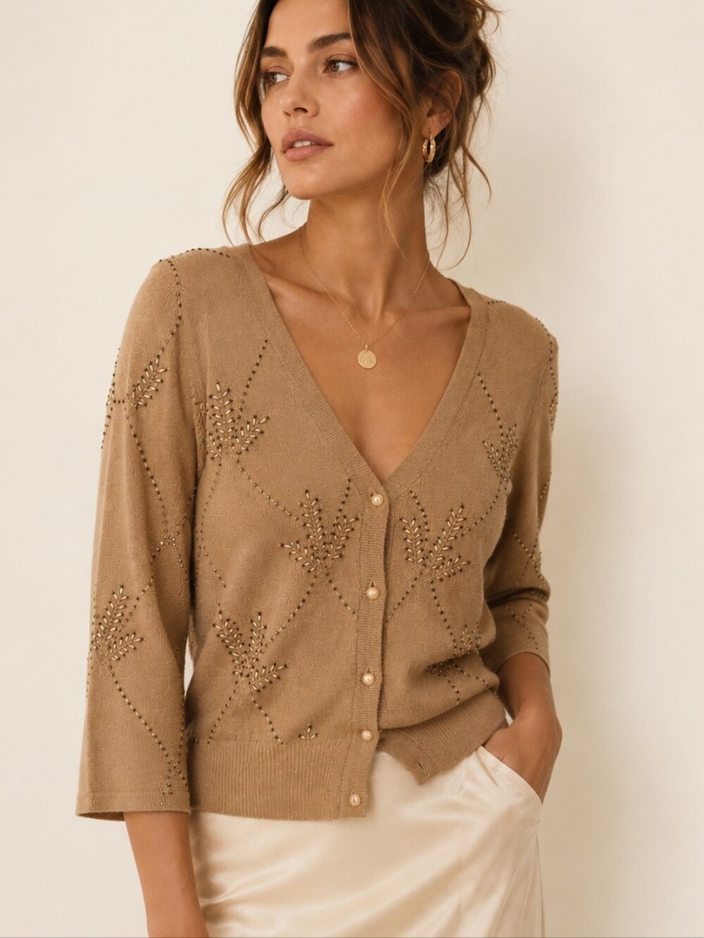 Vintage Cache Silk Cashmere Beaded Cardigan Sweater Medium Cottagecore